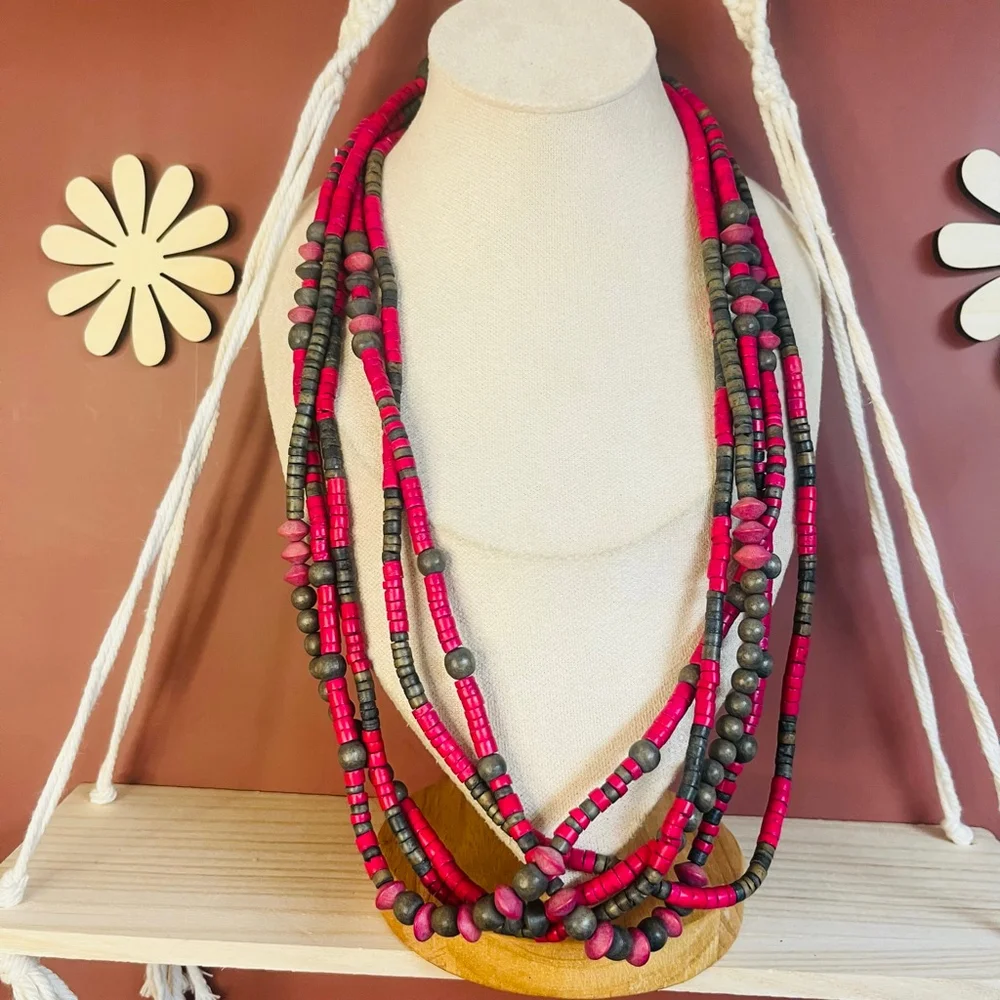 Vintage Heishe Beaded Boho Chic Necklace Pink Layered Eclectic Statement‎ Style